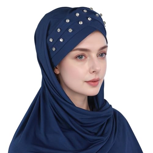 Muslim Head Scarf for Women Crystal Linen Rhinestone Cross Strap Turban Wrap Cap Elegant Breathable Sparkly Hijab - color: 08#_navy