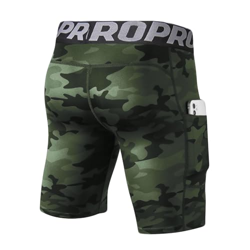 LANBAOSI Mens Compression Shorts with Phone Pocket Running Gym Yoga Athletic Tights Baselayer Summer Cool Dry Underwear Pack - color: Camo Green, size: X-Large