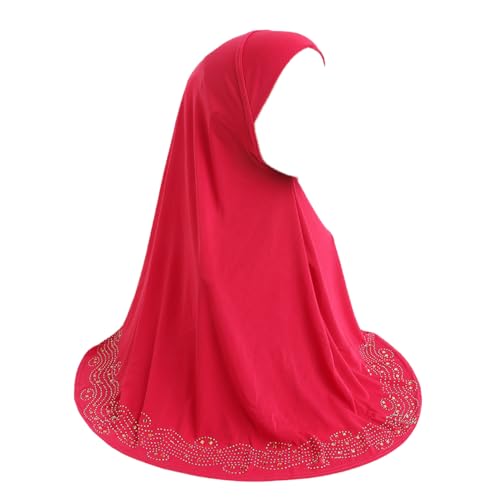 ZGMYC Women Shiny Rhinestones Muslim Hijab Elegant Long Turban Cap Head Wrap Scarf - color: Hot Pink(golden Beads & Rhinestones)