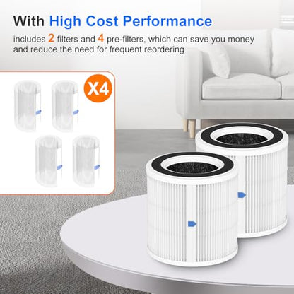 2 Pack H7129 H7128 Replacement Filter for GoveeLife Air Purifier | 3-in-1 H13 True HEPA, High-Efficiency Activated Carbon Filter, Nylon Pre-Filter for Govee Air Purifier, 4 Extra Pre-Filters