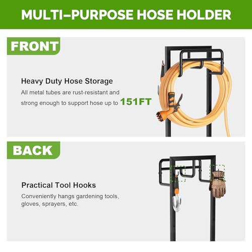 Garden Hose Holder with Stable Base and Tool Hooks, GAVISCITY Heavy-Duty Metal Hose Hanger Garden Hose Storage Holds 151Ft Hose, Rustproof Freestanding Water Hose Holder for Outside, Yard, Lawn, Black - color: Black