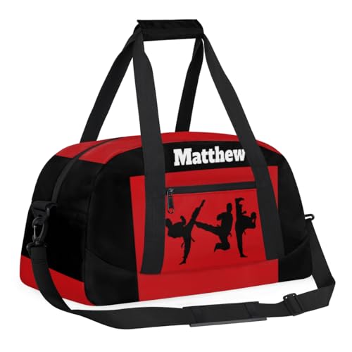 Custom Sports Gym Bag for Boys, Martial Art Silhouette Black Red | Personalized Named Practice Travel Overnight Training Bag - color: Color 1