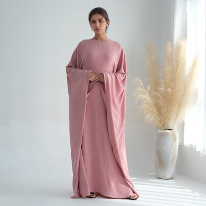 Abaya Dress for Women Soft Crepe Like Linen Khimar Butterfly Batwing Dubai Islam Muslim Kaftan Modest Prayer Dress - color: Pink, size: Large