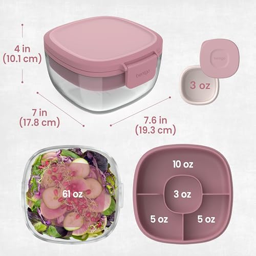 Bentgo Glass Salad Container - 7.6-Cup Salad Bowl with Airtight Lid, Leak-Proof Sauce Container, 4-Compartment Bento Tray & Reusable Fork - BPA-Free for Meal Prep, Office & More (Rose) - color: Rose