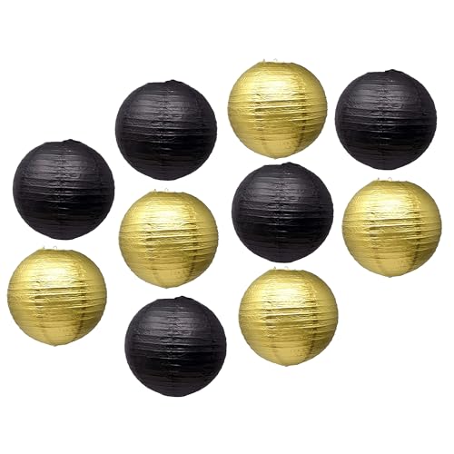 Mudra Crafts Black Gold Paper Lanterns Wedding Party Decorations - 12 in 10 Round Hanging Ceiling Lanterns, 10 Pack, Decorative Lamp Shades - color: Black Gold, size: 12 Inches