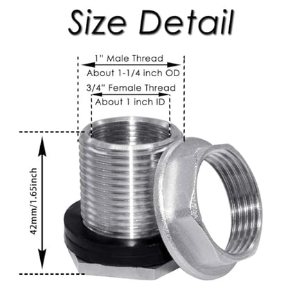 Beduan 1 NPS Male to 3/4 NPT Female Stainless Steel Bulkhead Water Tank Connector Thru-bulk Fitting for Water Tank Barrel(Pack of 2) - size: 1 NPS Male x 3/4 NPT Female, style: PackOf 2