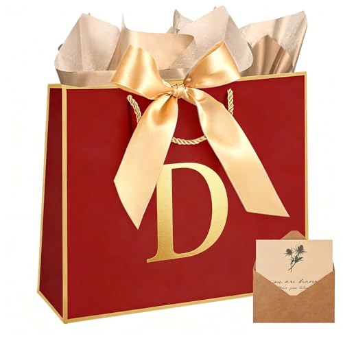 Topaliving Personalized Gift Bag with Card and Tissue Paper, 26 Letters Birthday Gift Bag 13'' Custom Valentines Weddings Present with Initials/Numbers for Women Men Kids (Red,D) - color: Red, size: D