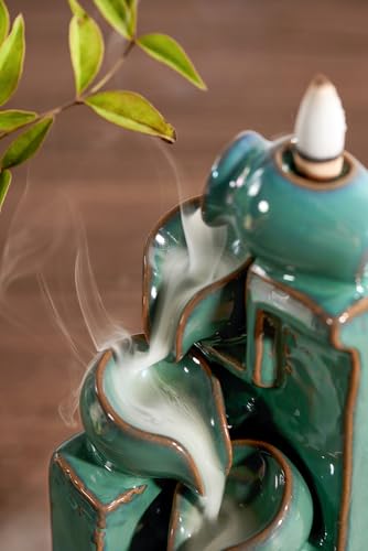 Unique Cascading Basins Ceramic Waterfall Incense Holder, Paired with a Pack of Backflow Incense Cones. (Blue) - color: Blue