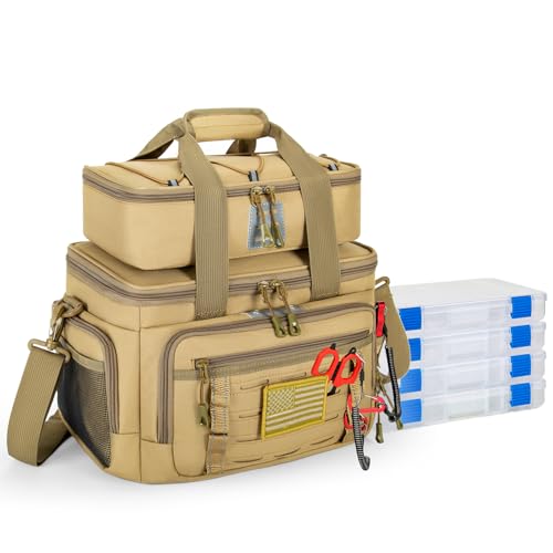 Fishing Tackle Bag, Equipped With 4 Tackle Boxes and Detachable Reel Storage Pouch, Waterproof Fishing Gear Organizer, Adjustable Shoulder Strap Fishing Bags for Saltwater & Freshwater - color: Solid khaki-4 Tackle Boxes