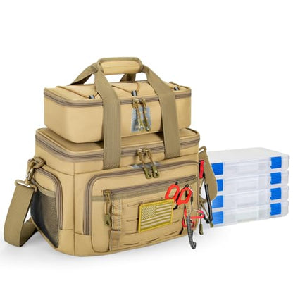 Fishing Tackle Bag, Equipped With 4 Tackle Boxes and Detachable Reel Storage Pouch, Waterproof Fishing Gear Organizer, Adjustable Shoulder Strap Fishing Bags for Saltwater & Freshwater - color: Solid khaki-4 Tackle Boxes
