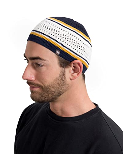 Breathable Cotton Stretchy Kufi for Men in Cool Designs - Helmet Liner - color: Navy Blue and White With Gold Stripes