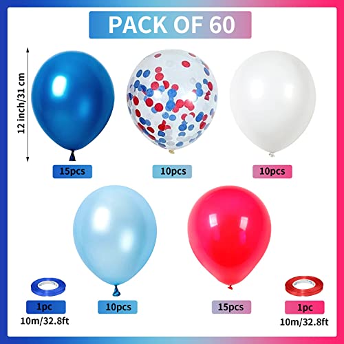 레드 화이트 블루 7월 4일 풍선, 60피스 펄 네이비 라이트 블루 레드 화이트 색종이 라텍스 애국 풍선 재향 군인 기념 독립 기념일 야구 해상 생일 파티 장식 - color: 레드 블루 화이트., size: 12 inch 60pcs