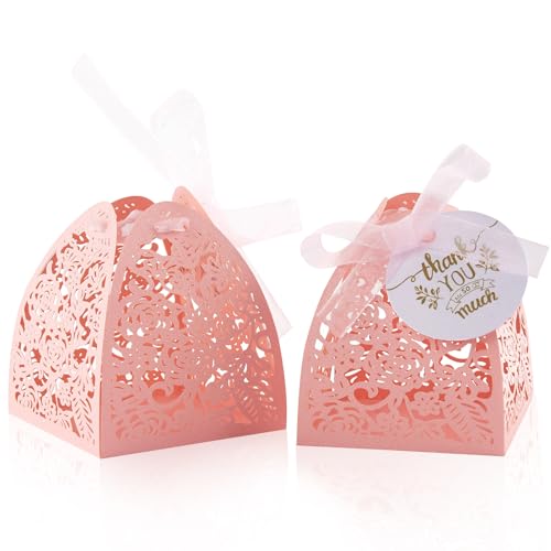 50Pcs Wedding Favor Boxes Laser Cut Pink Small Gift Paper Candy Boxes - color: Pink