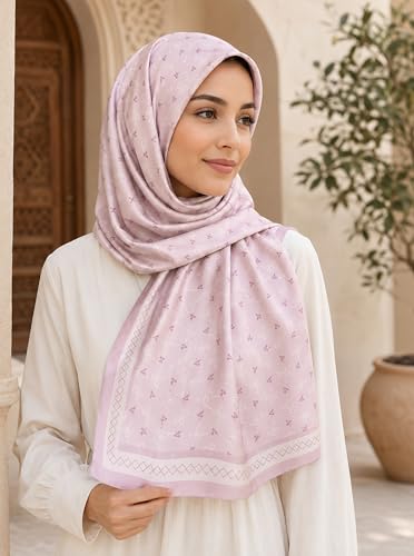 Satin Hijab Scarf for Women, Silk-Feeling Muslim Headscarf, Digital Bow Letter Print Head Wrap Shawl for Summer - color: Mlp004-lightpink