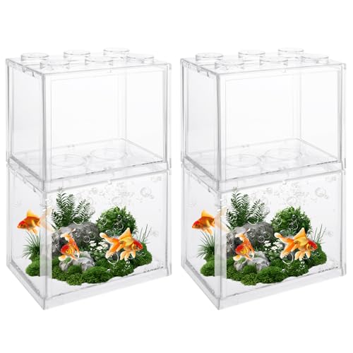 QTLCOHD 4 Pack Small Betta Fish Tank, 0.6 Gallon Mini Aquarium Tank | Clear Stackable Fish Bowl, Acrylic Tiny Cube Tank for Beta Fish Sea Monkeys Shrimp Snails