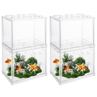 QTLCOHD 4 Pack Small Betta Fish Tank, 0.6 Gallon Mini Aquarium Tank | Clear Stackable Fish Bowl, Acrylic Tiny Cube Tank for Beta Fish Sea Monkeys Shrimp Snails