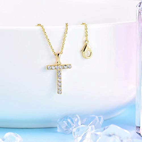 Tarsus Initial Cubic Zirconia Necklace Jewelry Gifts for Women Adjustable Chain 18" + 2" - style: Gold-T-Diamond style