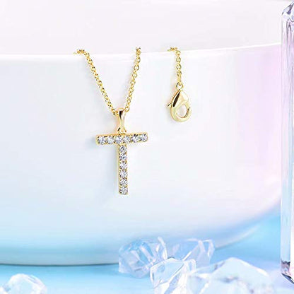 Tarsus Initial Cubic Zirconia Necklace Jewelry Gifts for Women Adjustable Chain 18" + 2" - style: Gold-T-Diamond style