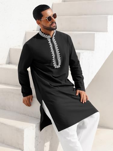 Runcati Mens Kaftan Thobe Cotton Henley Shirt Long Sleeve Embroidery Robe Casual Kurta Muslim Gown Shirt - color: Black, size: Large