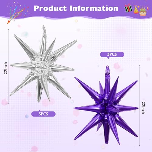 6 Pcs Silver Star Foil Balloons One-Piece 14-Pointed Star Balloon 4D Starburst Cone Mylar Balloon 22inch Christmas Birthday Wedding Wedding Anniversary Party Supplies (Silver + Purple) - color: 22 Inches Silver + Purple
