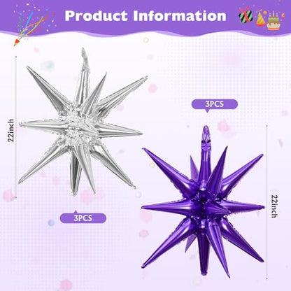 6 Pcs Silver Star Foil Balloons One-Piece 14-Pointed Star Balloon 4D Starburst Cone Mylar Balloon 22inch Christmas Birthday Wedding Wedding Anniversary Party Supplies (Silver + Purple) - color: 22 Inches Silver + Purple