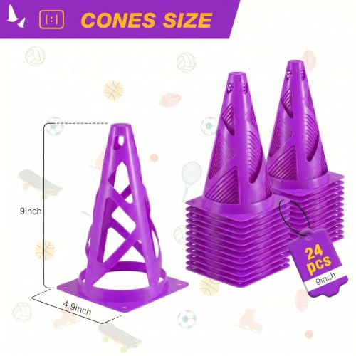 24 Pack Soccer Cones, 9 Inch Agility Cones for Soccer, Football, Basketball, Cones for Sports Training, Speed & Agility Drills, Field Marking Equipment - color: purple