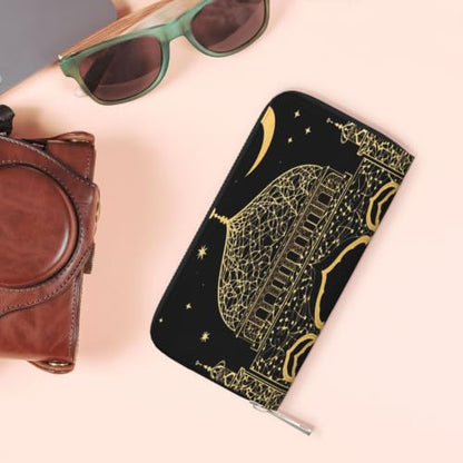 Islamic Mosque Golden Glitter PU Leather Long Wallet for Women Men, Zipper Clutch Wallet RFID Card Holder Organizer - color: Islamic Mosque Golden Glitter
