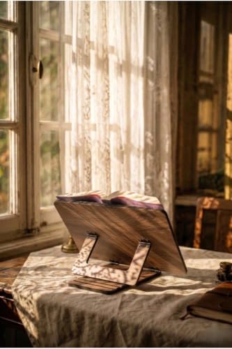 Adjustable Wooden Book Stand for Reading and Quran - Ergonomic Desktop Rahle with 4-Level Tilt Mechanism, Sturdy MDF Construction, and Flexible Metal Page Holders - Appropriate for Books and Tablets
