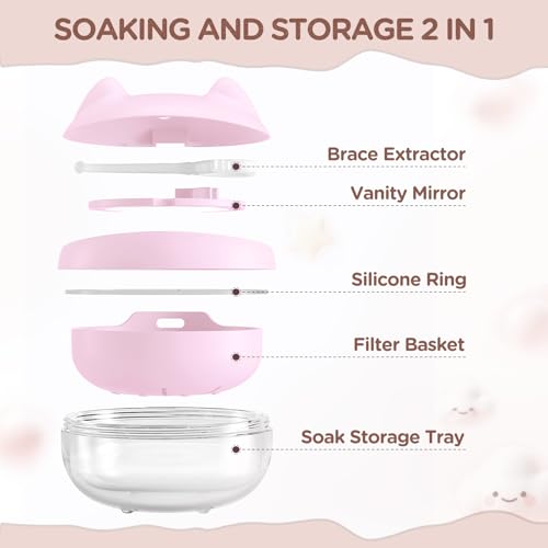 Retainer Case Denture Bath Case Basket Mirror Leak-proof Pink Cat | 2-in-1 design Strainer Basket No-Leak Cleaning Case for Mouth Guard Cute Removal Tool,Aligner chewies,Bursh - color: Pink Cat