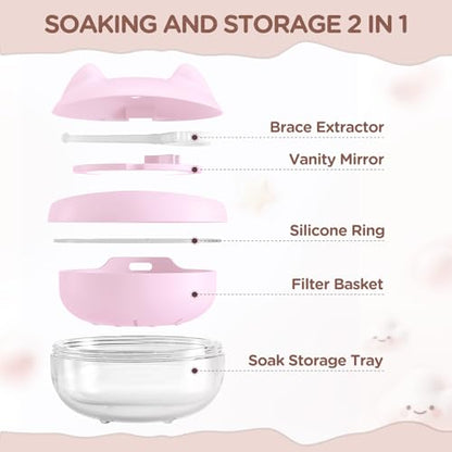 Retainer Case Denture Bath Case Basket Mirror Leak-proof Pink Cat | 2-in-1 design Strainer Basket No-Leak Cleaning Case for Mouth Guard Cute Removal Tool,Aligner chewies,Bursh - color: Pink Cat