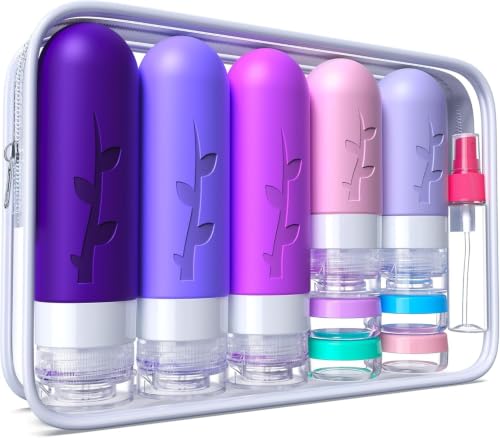 Aeomini 19 Pack Purple Travel Bottles for Toiletries, Silicone TSA Approved Travel Size Containers, Leak Proof Refillable Accessories for Shampoo Conditioner Lotion - color: Purple Travel Set