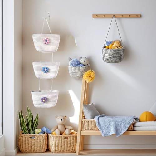 3-Tier Woven Cotton Rope Hanging Basket, Over the Door Organizer, Adjustable Detachable Wall Basket with Metal & Adhesive Hooks, No Drilling for Playroom, Toddler Nursery & Little Girls Room - style: BigFlower