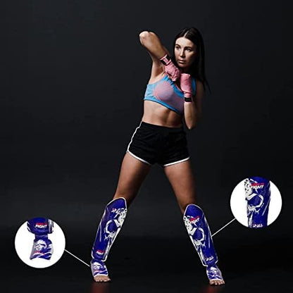 Muay Thai Shin Guards for Kickboxing Martial Arts BJJ Boxing Equipment MMA Training and Sparring Leg Guard with Instep Protection Pads - color: BTF-Blue, size: Small-Medium