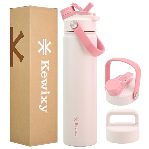 KEWIXY 24 oz Insulated Water Bottle, 2-in-1 Lid, Straw & Spout with Protected, Leak Proof, Keep Cold, Stainless Steel, Metal, Reusable, Handle, for Travel, Gym and School, 2 Lids, Blush Pink - color: Blush Pink, size: 24 Ounces