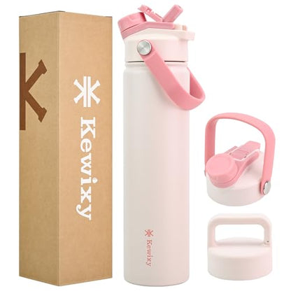 KEWIXY 24 oz Insulated Water Bottle, 2-in-1 Lid, Straw & Spout with Protected, Leak Proof, Keep Cold, Stainless Steel, Metal, Reusable, Handle, for Travel, Gym and School, 2 Lids, Blush Pink - color: Blush Pink, size: 24 Ounces