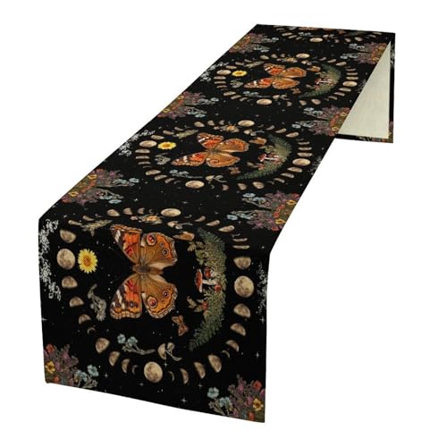Boho Moth Table Runner, Witchy Mysterious Moon Phase Garden Flower Plant Gothic Aesthetic Table Runner for Home Kitchen Dining Patio Holiday Party 13x36in - color: Moth-3, size: W13''xL36''