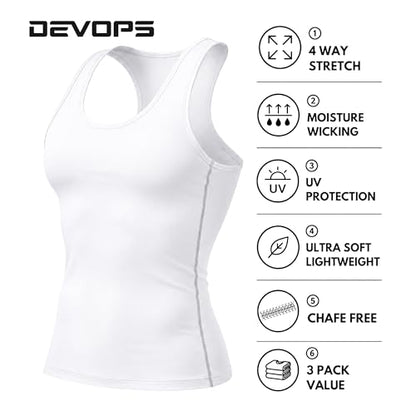 DEVOPS 3 Pack Men's Muscle Dry Fit Compression Tank Top Sleeveless Shirt | Compression Fit, Wicking, 4-Way Stretch, Running, Workout, UPF 50+, Sleeveless - color: White / White / White(gray-stitch), size: Medium