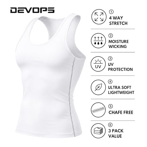 DEVOPS 3 Pack Men's Muscle Dry Fit Compression Tank Top Sleeveless Shirt | Compression Fit, Wicking, 4-Way Stretch, Running, Workout, UPF 50+, Sleeveless - color: White / White / White(gray-stitch), size: Large