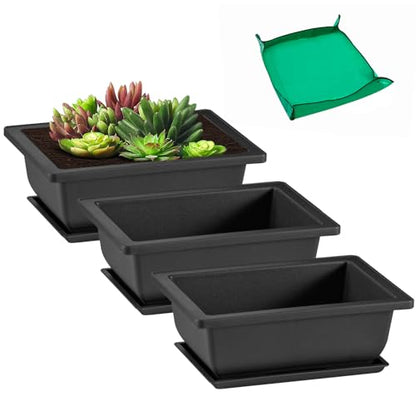 GROWNEER Bonsai Pots with Drainage Humidity Trays & 1 Repotting Mat, 3 Pcs 6.5 Inch Durable Small Bonsai Tree Training Pot Built in Mesh, Rectangle Planter Kit for Succulent Starter Indoor Outdoor - size: 3pcs/6.5x4.8in