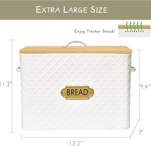 EMAX HOME Extra Large Space Saving Farmhouse Bread Box With Wood Lid - Holds 2 Loaves - Vertical Breadbox Bread Storage Bin Holder for Kitchen Countertop, White - color: Fish Scale Embossing