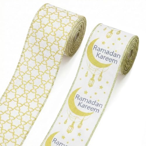 Threetols 2 Rolls 10 Yards Ramadan Mubarak Wired Edge Ribbons, 2.5inch White Gold Moon Burlap Ribbon, Lantern Mesh Ribbon for Eid Islamic Muslim Mosque DIY Craft Wreath Bow Wedding Party Decor