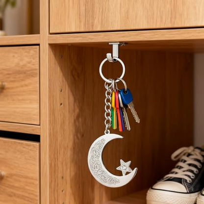 Islamic Ayatul Kursi Keychain Muslim Crescent Moon and Star Keyring Arabic Calligraphy Keyring Allah Amulet Jewelry - color: Silver+gold