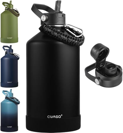 CIVAGO Gallon Insulated Stainless Steel Water Bottle with Detachable Straw, 128 oz Large Water Jug with Bucket Handle, Big Metal Leakproof Flask with Silicone Boot for Gym, Dishwasher Safe, Black - color: Black, size: 128 Ounces