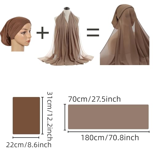 Yeieeo Instant Chiffon Hijab with Undercap (Tube or Bandage Cap), Breathable, no sweat buildup,Solid Chiffon Head Wraps - color: Light Khaki 1