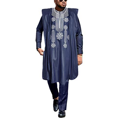 HD African Mens Apparel Agbada Clothing Embroidery Dashiki Shirts and Pants Outfits 3 Pieces - color: Blue, size: 3X-Large