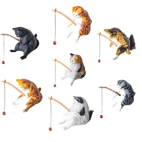 Cute Cat Figures Aquarium Miniature Decoration with Fishing and Lying Down Model Statue for Fish Tank Decorations and Ornament (7 Pcs Fishing Cats) - color: 7 Pcs Fishing Cats
