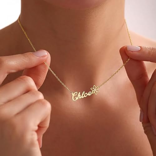 Elemtansy Custom Name Necklace with Birth Flower, Personalized Jewelry Necklaces for Women, 18K Gold Name Plate Necklaces Personalized Mothers Day Birthday Gifts for Women Sister Best Friend - color: 4-Name with Birth flower