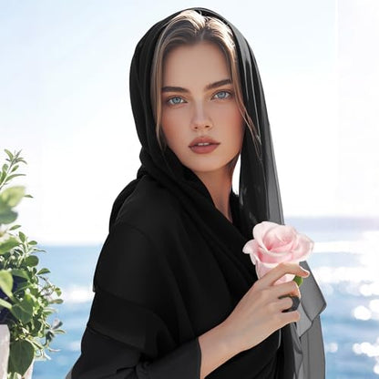 Chiffon Scarf,Soft Breathable Chiffon Shawls and Wraps,Silky Women's Hijab for Evening Dresses Wedding Bridal Scarves - color: Black, size: 67 x 28 inches