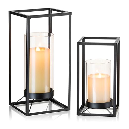 Black Lantern Decorative Indoor Set of 2: Glass Metal Hurricane Candle Holder Modern Farmhouse Lanterns Decor Outdoor for Table Centerpiece Fireplace Wedding - color: Black