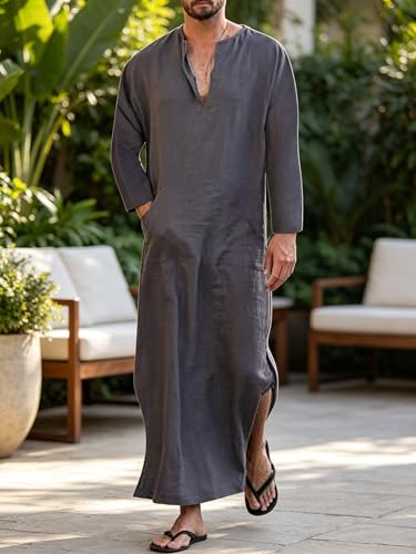 Jacansi Men's 65% Cotton 35% Linen Kaftan Thobe, Long Sleeve Casual Arabic Robe, Loose Long Gown with Pockets - color: Purple-gray #1, size: X-Large